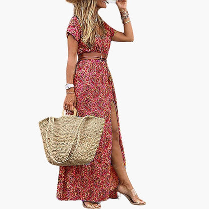 CM | maxi vestido de mujer con escote en V, manga corta y abertura lateral