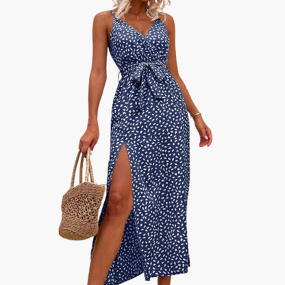 CM | Vestido largo de playa para mujer con estampado floral y lazada en la cintura