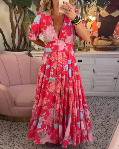 CM | maxi vestido floral de manga corta y cuello en V