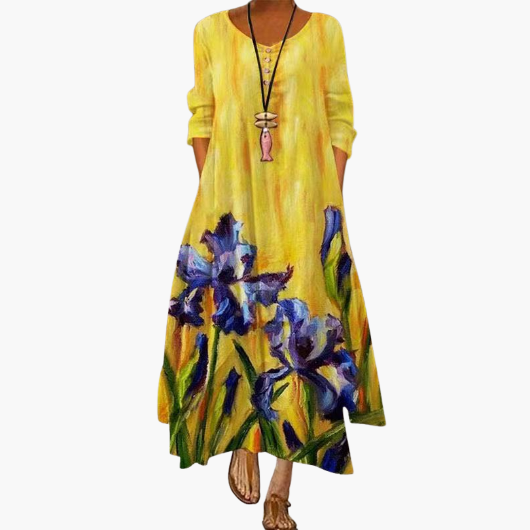 CM | Vestido maxi de verano para mujer con mangas largas y estampado floral