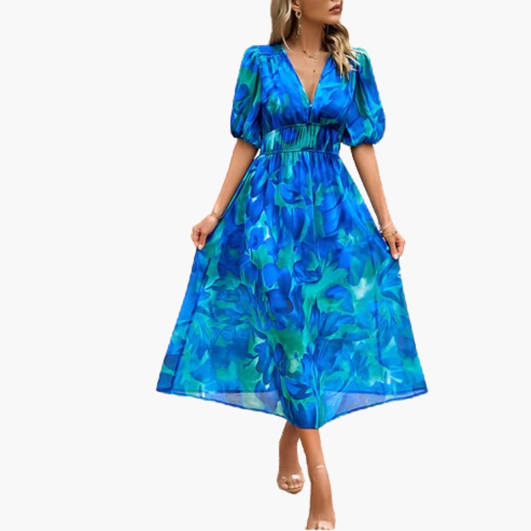 CM | Vestido midi veraniego para mujer con estampado floral y mangas farol