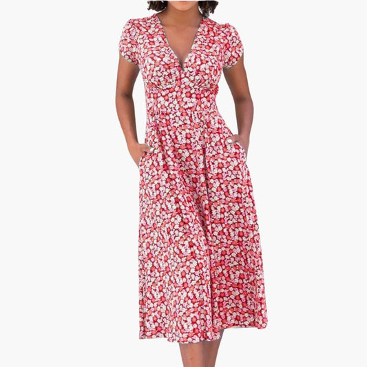 CM | Vestido midi floral de mujer con bolsillos y manga corta