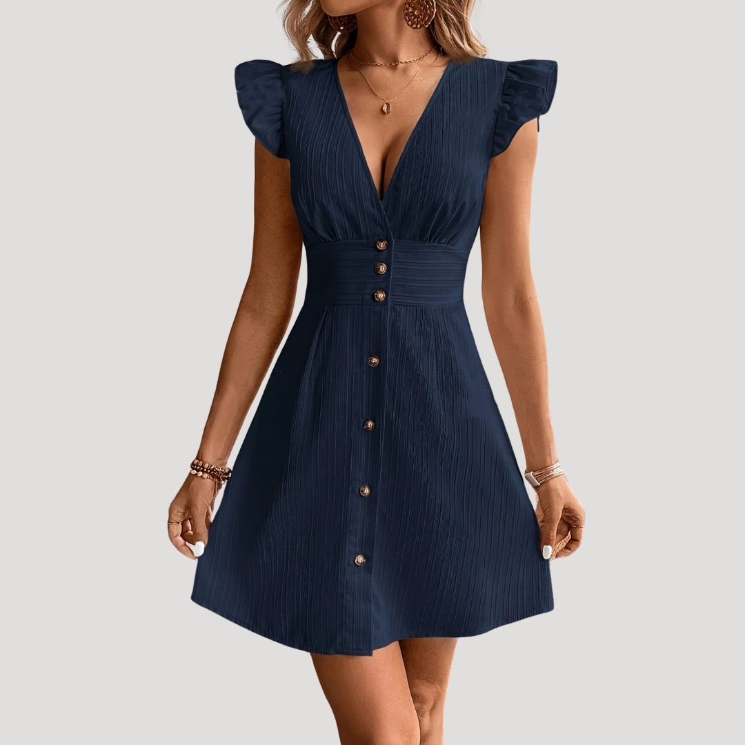 CM | Minivestido de mujer con mangas de volantes y tapeta de botones