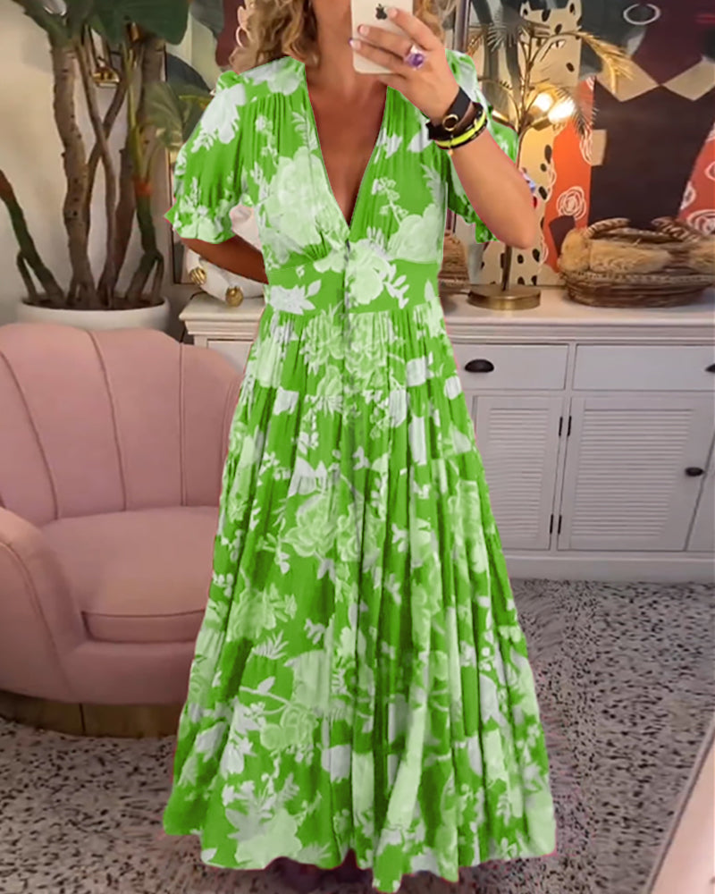 CM | maxi vestido floral de manga corta y cuello en V