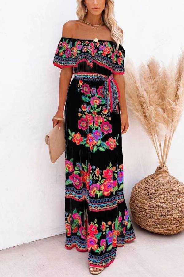 CM | Vestido largo estampado con hombros al aire