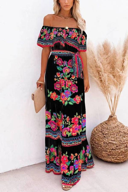 CM | Vestido largo estampado con hombros al aire