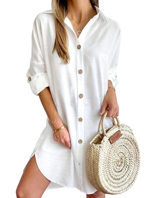 CM | vestido camisero de manga larga con solapa monocolor