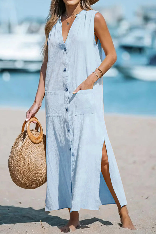CM | Vestido monocolor sin mangas de algodón y lino con holgado escote en V