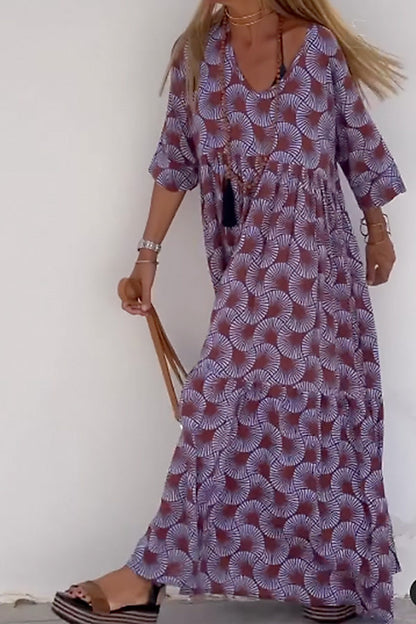 CM | Ibiza Fashion Print Cuello V Suelto Vestido Largo Manga Larga