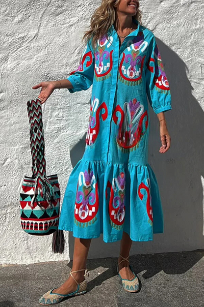 CM | Take Me To Cabo Ethnic Unique Print Botón Camisa Suelta Vestido Midi