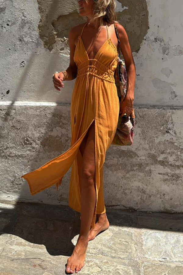 CM | Mezcla de lino Cintura elástica Halter Bolsillo sin espalda Abertura Vestido Midi