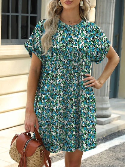 CM | Mini vestido manga corta cuello redondo estampado