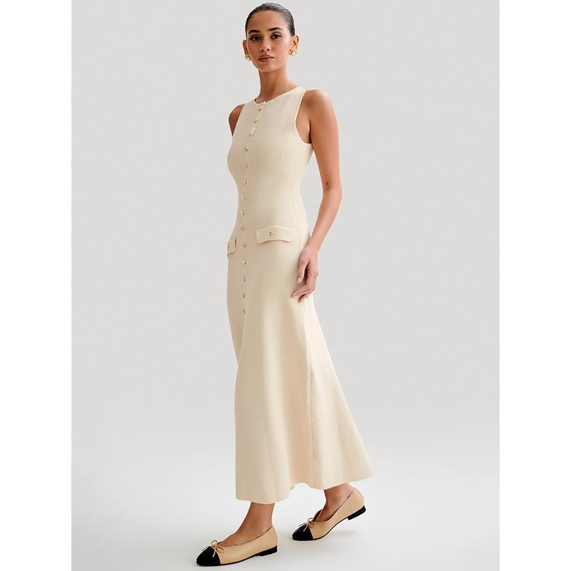 CM | Elegante maxi vestido abotonado sin mangas para mujer