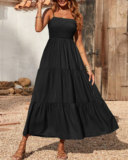 CM | Bohemio Vestido Largo Espagueti Correa Sólido Swing Playa Maxi Vestido Sin Mangas