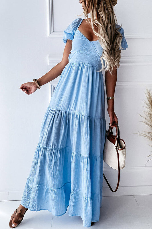 CM | Vestido de manga corta sin hombros, monocromático, sin espalda, sin tirantes, de talle alto.