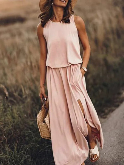 CM | Holiday Solid Cuello Redondo Vestido Largo Tejido WO119