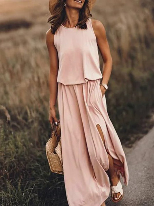 CM | Holiday Solid Cuello Redondo Vestido Largo Tejido WO119