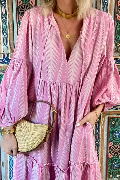 CM | Marrakech Stories Vestido midi estampado en mezcla de lino con mangas globo y bolsillos en forma de A