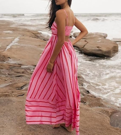 CM | Maxivestido de rayas con cuello redondo para mujer