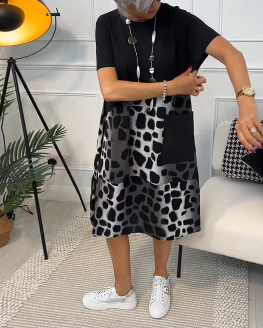 CM | Elegante vestido midi de manga corta con estampado de leopardo