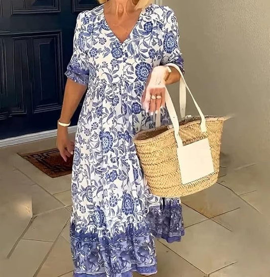 CM | Elegante Vestido Largo Floral Boho con Cuello en V
