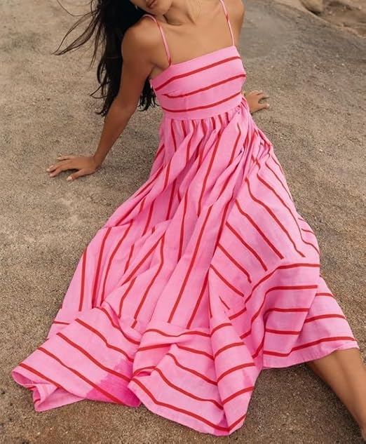 CM | Maxivestido de rayas con cuello redondo para mujer