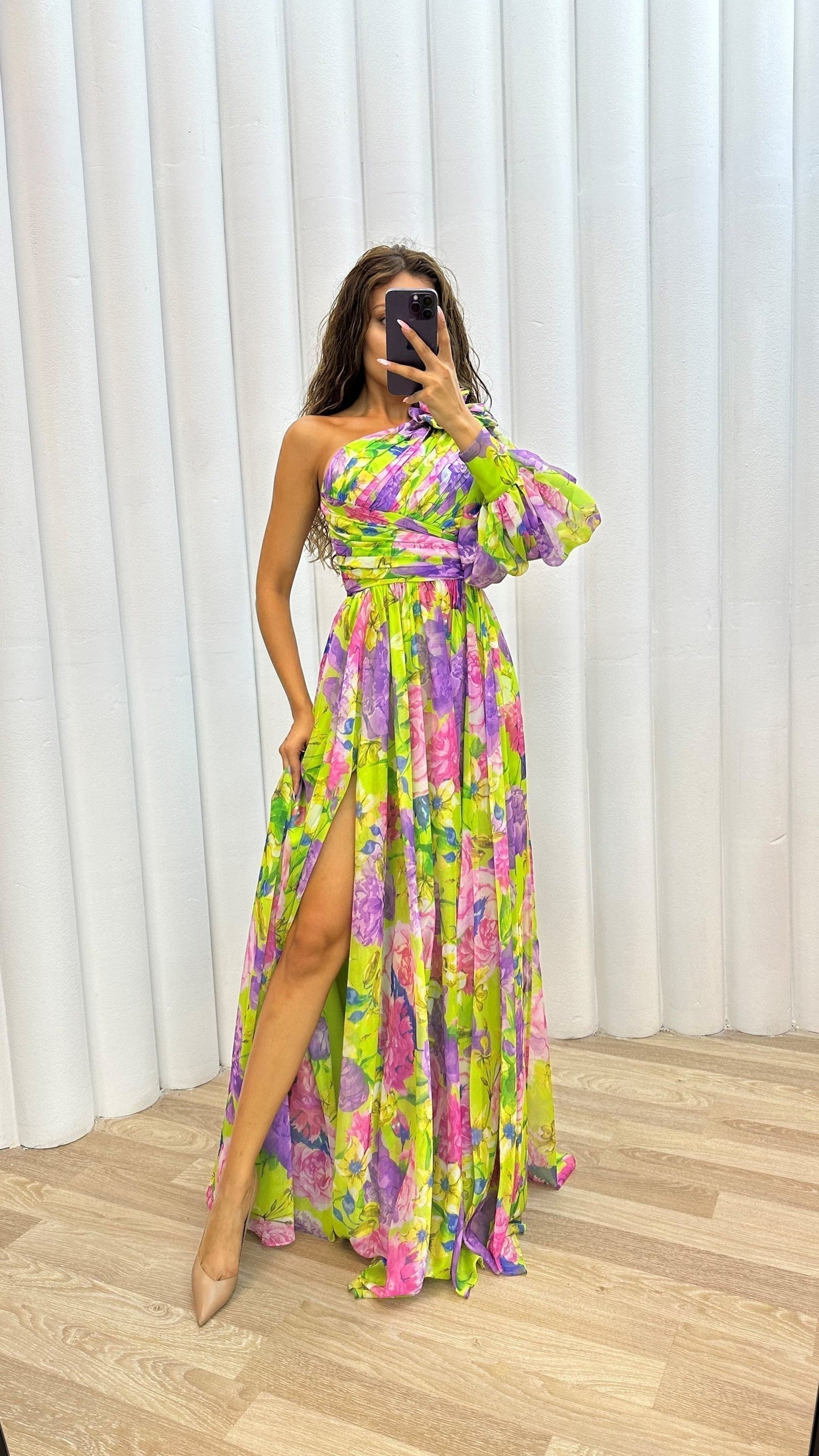 CM | Maxi Vestido de Mujer - Un Hombro - Estampado Floral - Alta Abertura - Tejido Lujoso