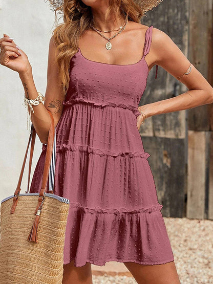 CM | Loose jacquard capas plisado espagueti cuello mini vestidos