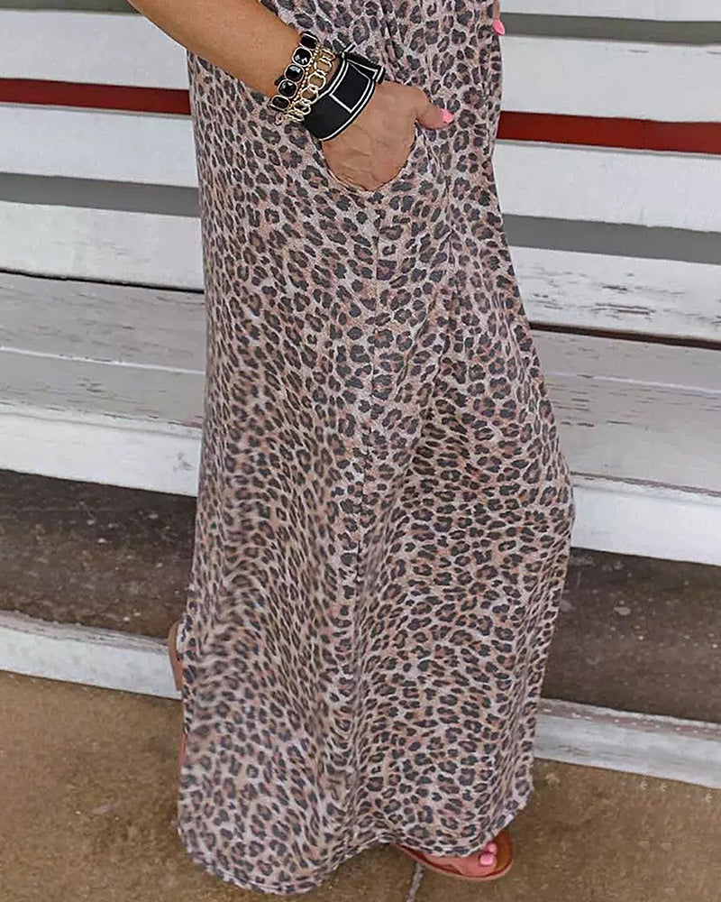 CM | Negro Leopardo Costura Vestido Largo Verano Cintura Adelgazar Maxi Vestido