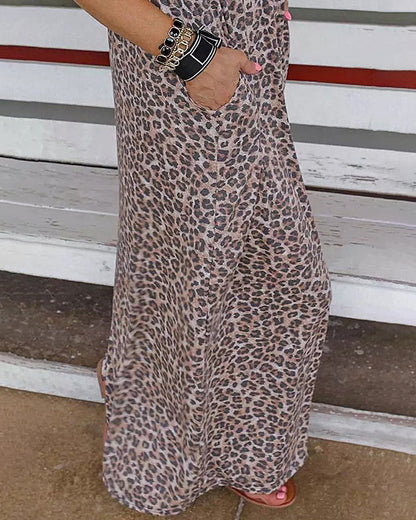CM | Negro Leopardo Costura Vestido Largo Verano Cintura Adelgazar Maxi Vestido