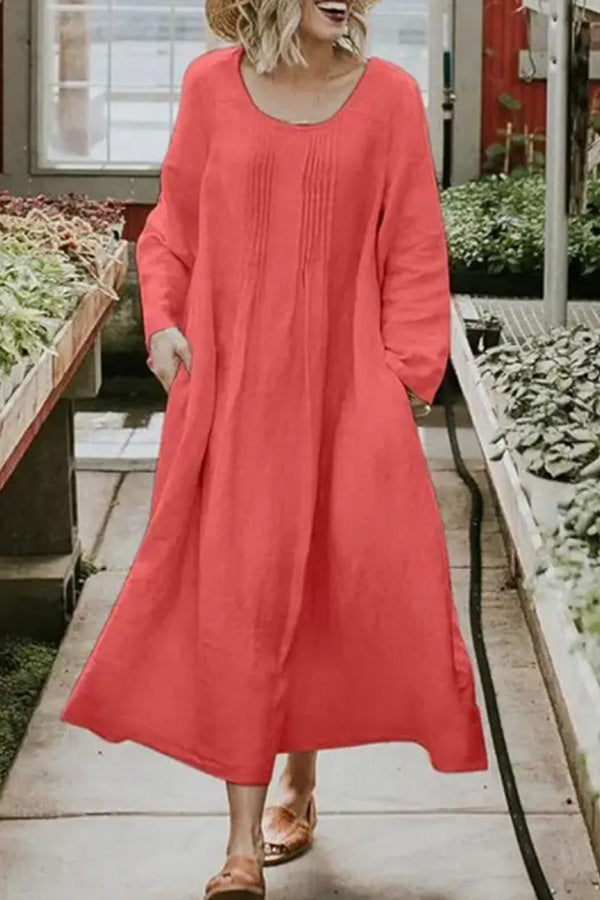 CM | Cuello Redondo Casual Color Suelto Maxi Vestido Manga Larga