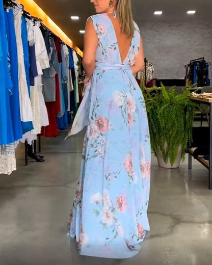 CM | Vestido largo floral sin mangas con dobladillo partido