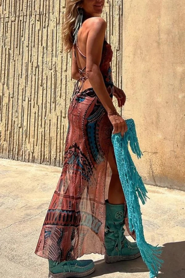 CM | Estilo Gitano Impresión Única Cuello Vaca Atrás Encaje Abertura Vestido Midi