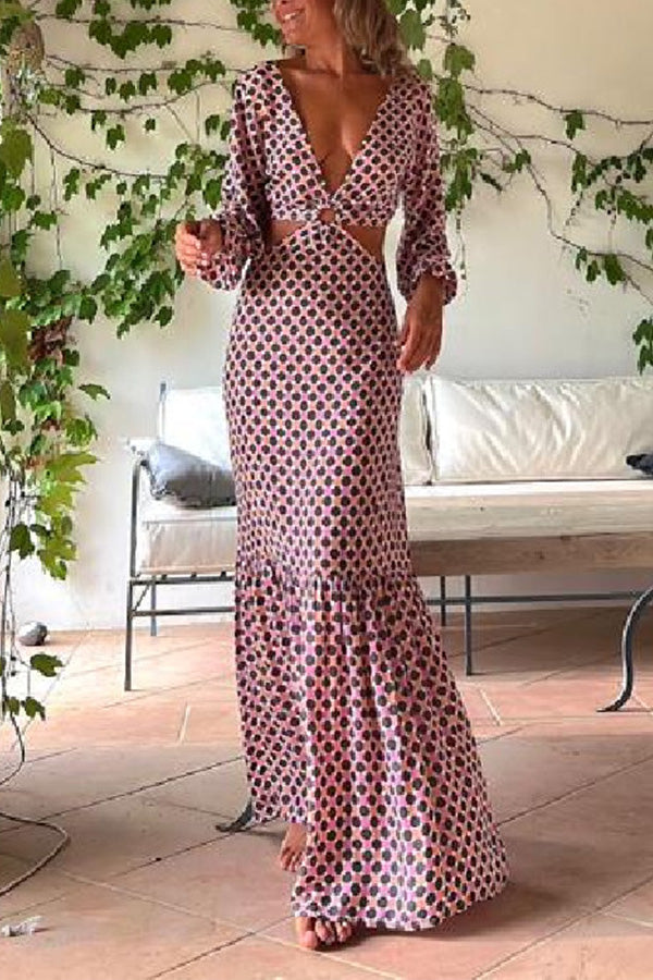 CM | Serene Dreams Maxi Vestido con Cuello Lateral Estampado y Cintura Elástica