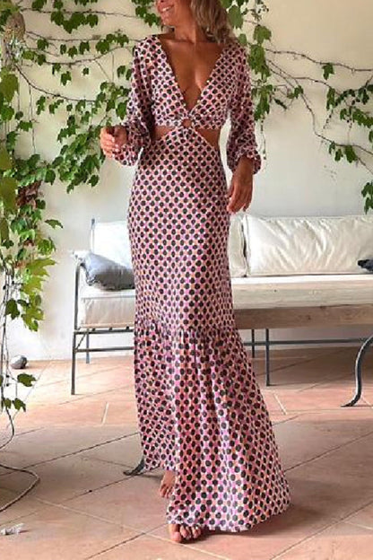 CM | Serene Dreams Maxi Vestido con Cuello Lateral Estampado y Cintura Elástica