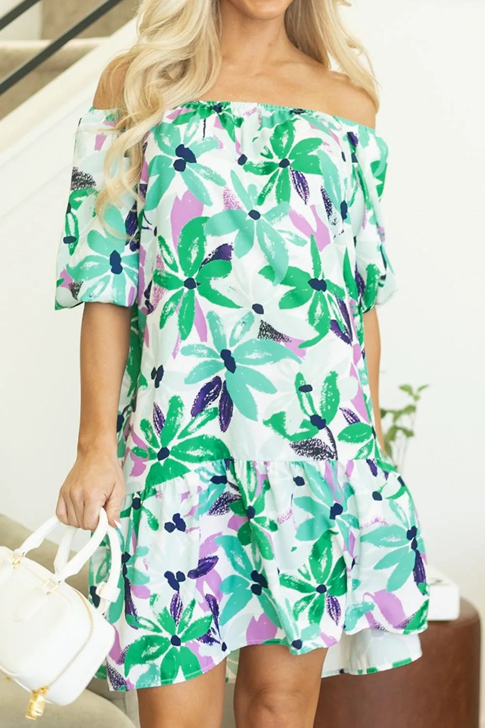 CM | Estampado floral Escote cuadrado fruncido Minivestido holgado