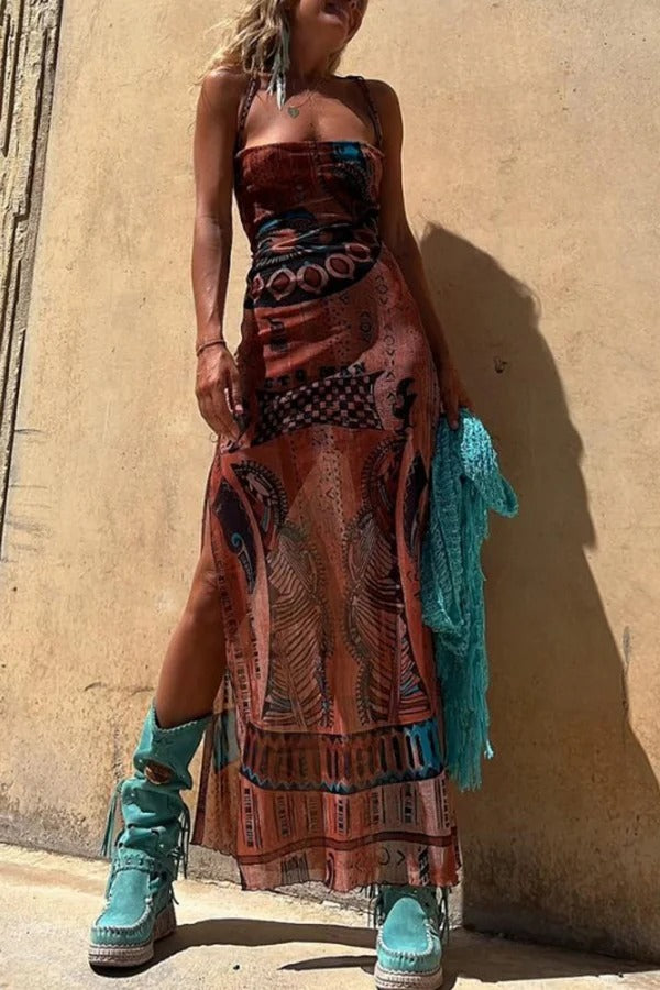 CM | Estilo Gitano Impresión Única Cuello Vaca Atrás Encaje Abertura Vestido Midi