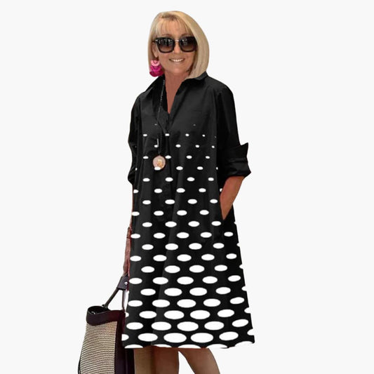 CM | Vestido midi de mujer con manga larga y estampado de lunares