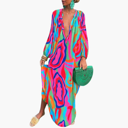 CM | Maxi vestido de mujer con manga larga y llamativo estampado