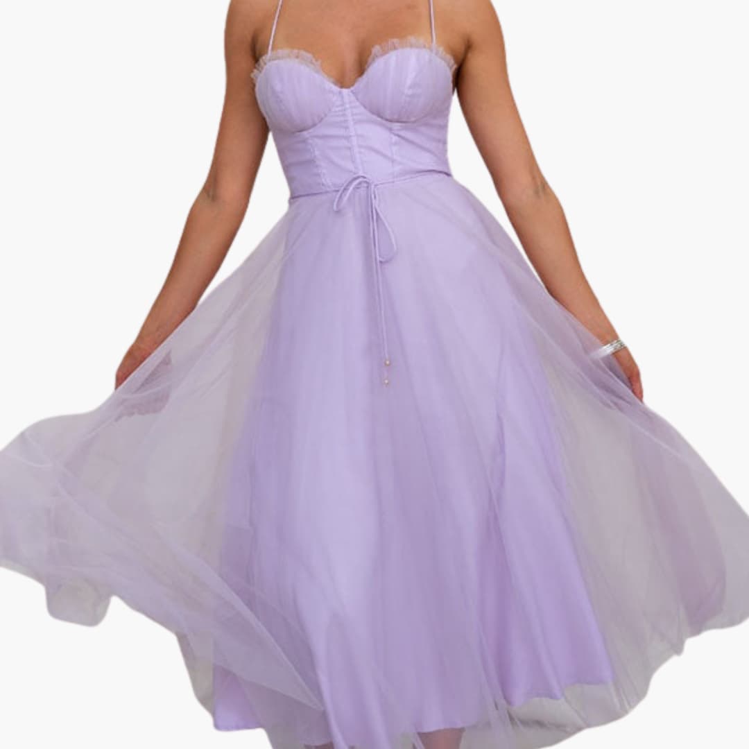 CM | maxi vestido de tul para mujer con tirantes finos y busto fruncido