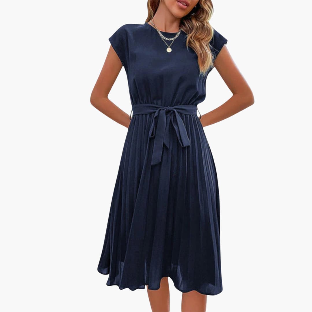 CM | Vestido midi informal de mujer con falda plisada y cinturón de anudar