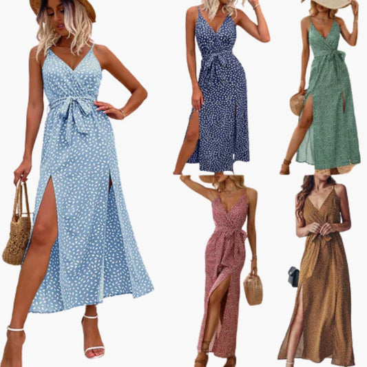 CM | Vestido largo de playa para mujer con estampado floral y lazada en la cintura