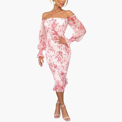CM | Vestido midi veraniego para mujer con estampado floral y mangas transparentes