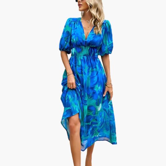 CM | Vestido midi veraniego para mujer con estampado floral y mangas farol