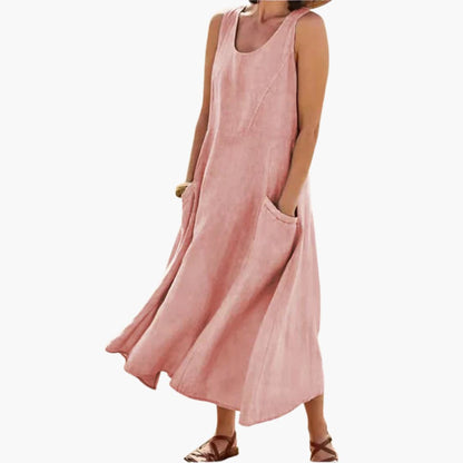 CM | Vestido midi sin mangas de lino para mujer con escote redondo y bolsillos