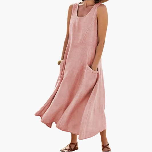 CM | Vestido midi sin mangas de lino para mujer con escote redondo y bolsillos