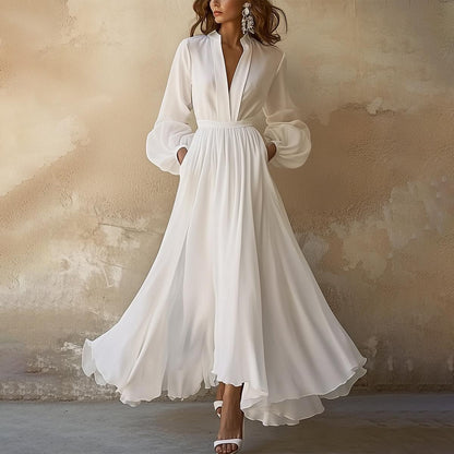 CM | Vintage Sencillo maxi vestido blanco con escote en V