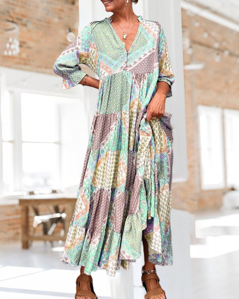 CM | Vestido maxi colorido con estampado colorblock y mangas 3/4
