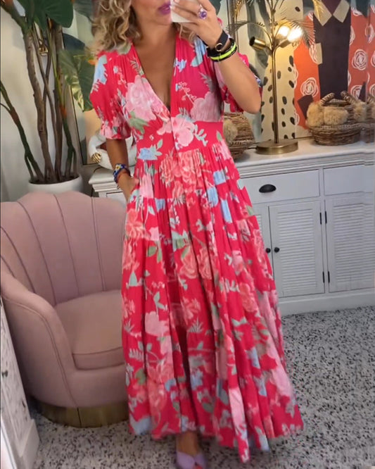 CM | maxi vestido floral de manga corta y cuello en V