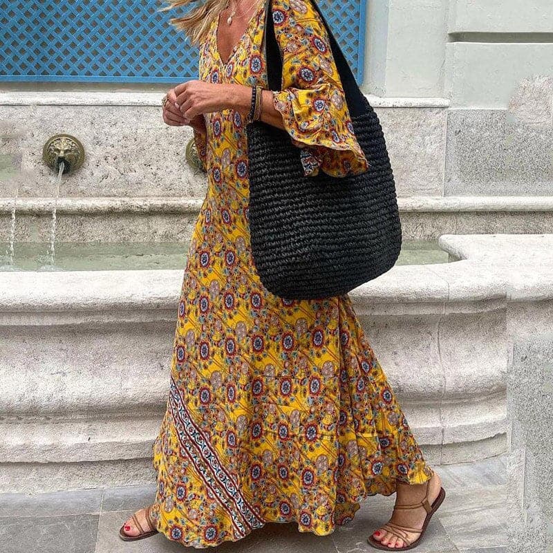 CM | Maxivestido de mujer - Corte holgado - Cuello en pico - Mangas largas - Aberturas laterales - Estampado atrevido